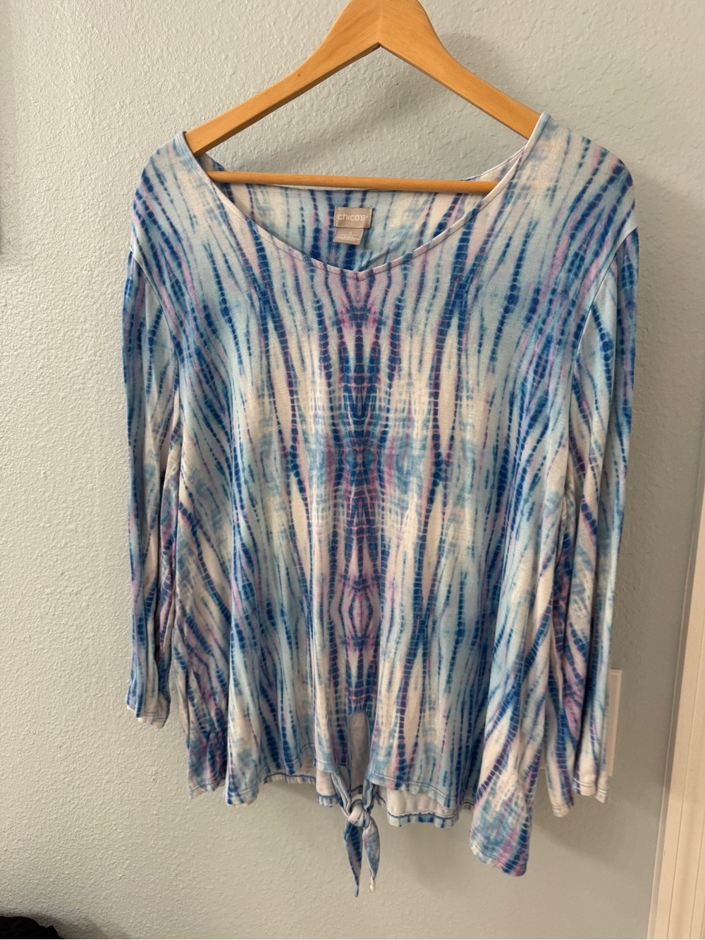 Chico's Blue and White Tie-Dye Long Sleeve Tie-Front Top